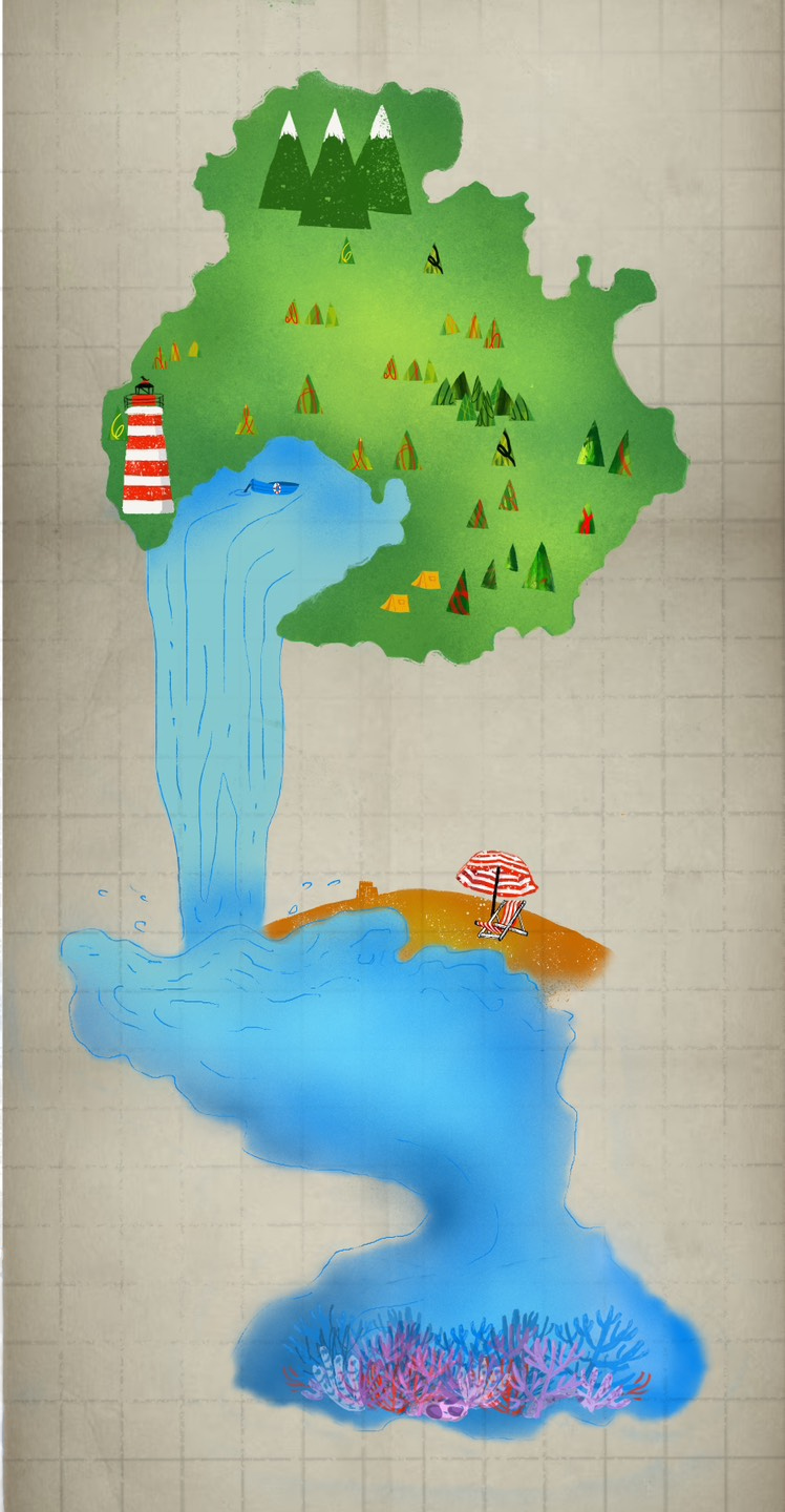 Creative map style illustration with green landforms, blue water, orange beach, and underwater coral reef