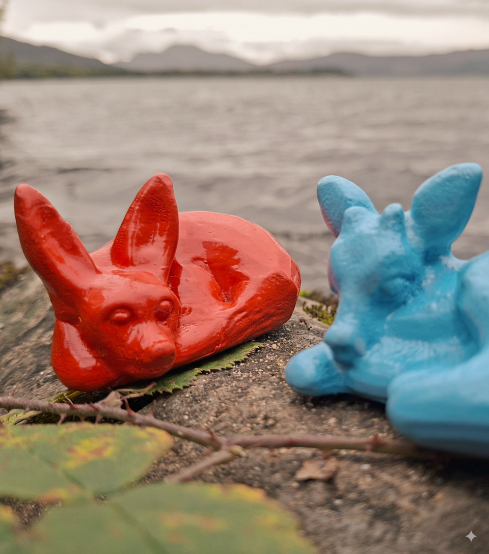 Mini Fox and deer sculptures Loch Lomond Scotland