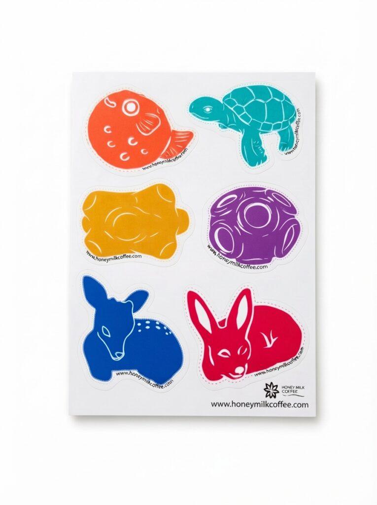 oney Milk Coffee vinyl sticker sheet flat lay featuring six colorful block-printed creature stickers including a blue fawn, magenta rabbit, cyan turtle, and orange pufferfish.